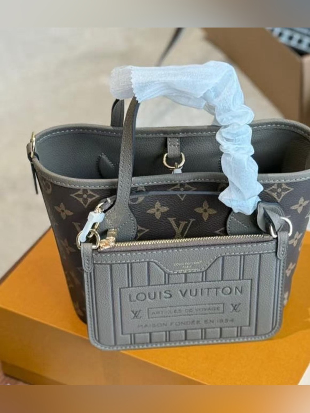 Reversible Two-Tone Brown and Taupe Heart-Accent Tote with Monogram Pouch - Picture 3 of 5